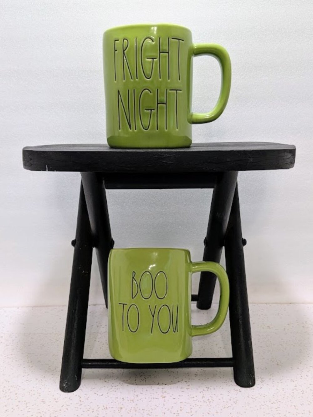 🎃 Rae Dunn Halloween Mug Set FRIGHT NIGHT BOO TO YOU Lime Green Black Interior